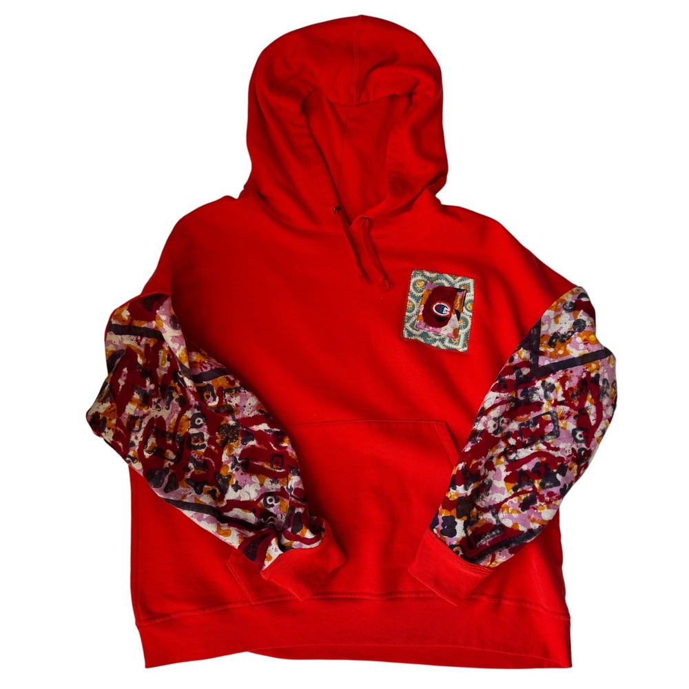 Champion Upcycled One of a Kind Hoodie Graphic Sleeve Hand Made Size 2XL‎ orange - Picture 2 of 6